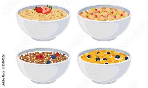 White Bowls of Breakfast Cereal and Cornflakes with Berries Vector Set