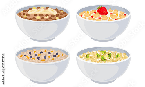 White Bowls of Breakfast Cereal and Cornflakes with Berries Vector Set