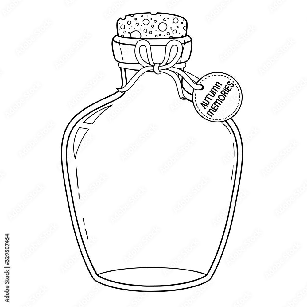 Vector black and white outline coloring book. Glass bottle with label