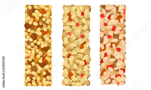 Raw Bars or Sweet Granola Bars with Dried Fruits and Nuts Vector Set
