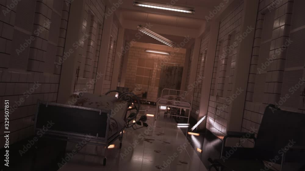 Terrifying mystical corridor in the psychiatry clinic in warm light. The camera passes through the corridor, medical equipment is scattered everywhere. Traces and stains of blood on the floor, on the Terrifying mystical corridor in the psychiatry clinic in warm light. The camera passes through the corridor, medical equipment is scattered everywhere. Traces and stains of blood on the floor, on the