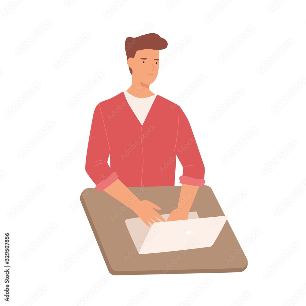 Smiling cartoon male working use laptop on table vector graphic illustration Smiling cartoon male working use laptop on table vector graphic illustration