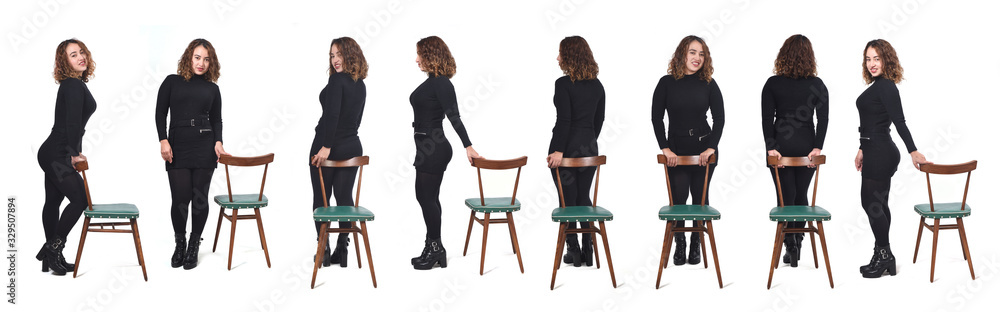 large group of same portrait of a woman with different hands poses with chair large group of same portrait of a woman with different hands poses with chair