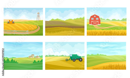 Agricultural Lands with Barn Houses and Cultivated Fields Vector Scenes Set