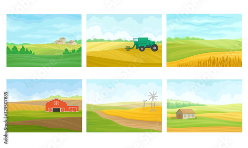 Agricultural Lands with Barn Houses and Cultivated Fields Vector Scenes Set