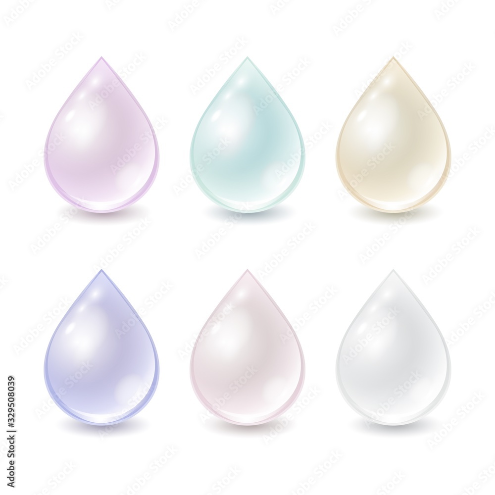 Vector set of cream pastel drops isolated on white background. Different colors droplets can used for template cosmetic ad. Realistic illustration. Vector set of cream pastel drops isolated on white background. Different colors droplets can used for template cosmetic ad. Realistic illustration.