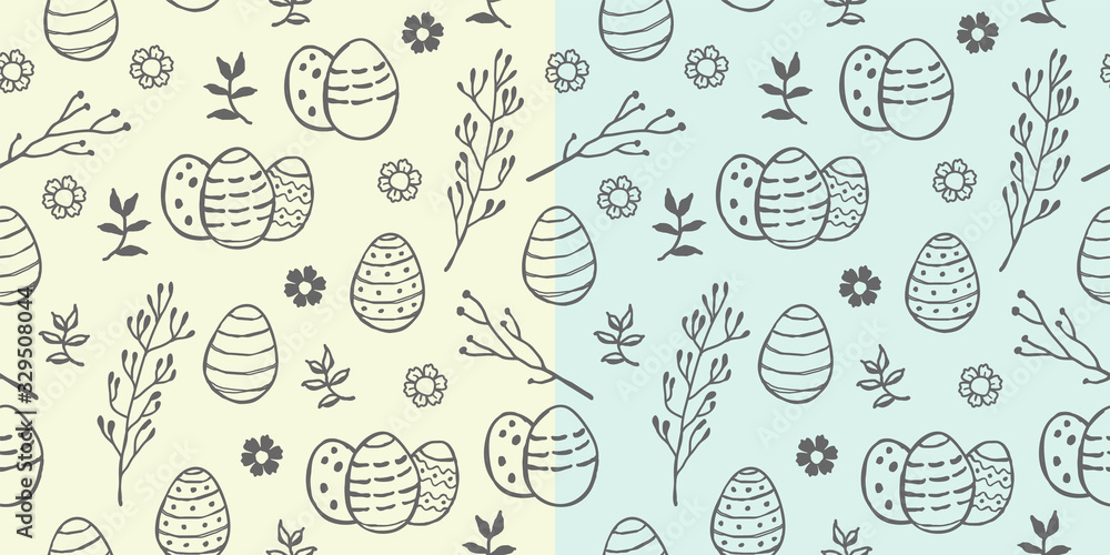Easter seamless hand drawn pattern with cute outlined grey painted easter eggs with spring leaves, twigs and flowers isolated on yellow and light blue background. Doodle style. Vector eps10.