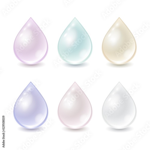 Vector set of cream pastel drops isolated on white background. Different colors droplets can used for template cosmetic ad. Realistic illustration.