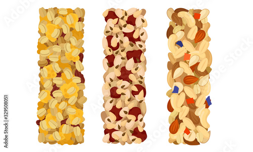 Raw Bars or Sweet Granola Bars with Dried Fruits and Nuts Vector Set