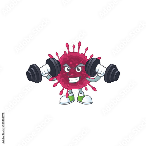 Mascot design of grinning Fitness exercise COVID19 lift up barbells