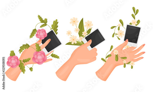 Hands Holding Flowers and Photographs Isolated on White Background Vector Set