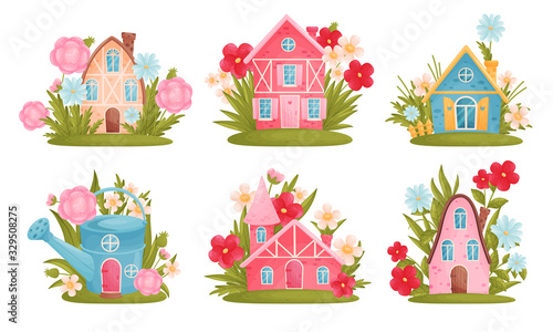Fabulous Houses Surrounded by Grass and Flowers Vector Set