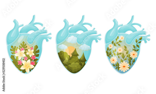 Human Hearts with Vessels and Scenes with Blossoming Flowers and Forest Inside Vector Set