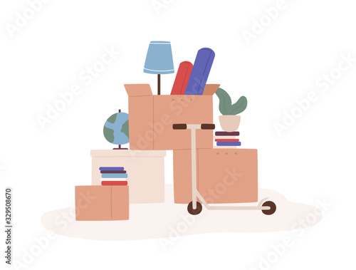 Cartoon boxes with different things ready for moving isolated on white background