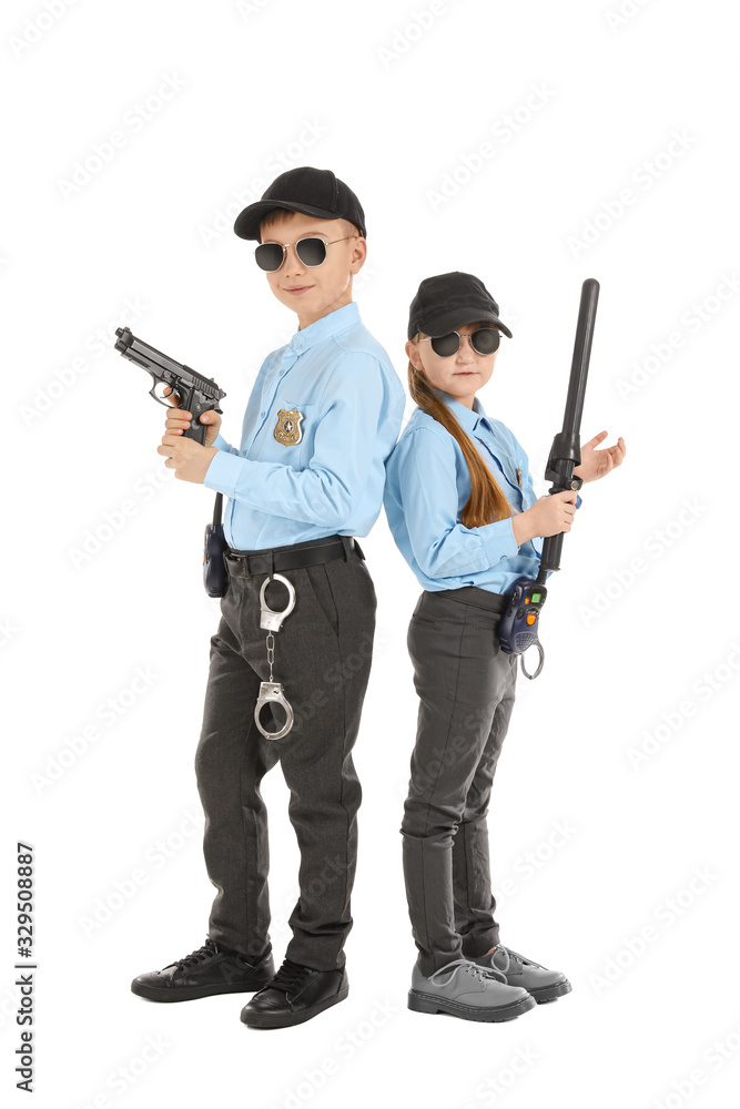Cute little police officers on white background Cute little police officers on white background