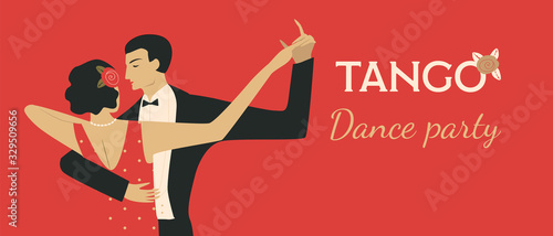 Couple dancing tango. 1920s style illustration. Red background. Template for invitation, poster, banner.