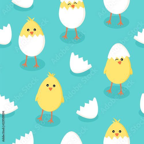 Easter seamless pattern with cute little yellow chicks in cracked eggs and egg shell on blue green background. Vector design for kids fabric, wallpaper, backgrounds, wrapping paper, package, covers