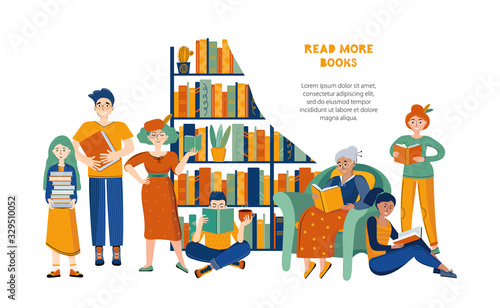 Literary fans. The family reads books in the home library. People of different genders and ages like to read books. Funny cartoon characters. Banner template with space for text. Vector illustration.