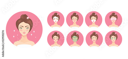 Beautiful woman takes care of her face with the help of cosmetic procedures. Patches and collagen masks for face and eyes