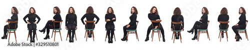 large group of same woman sitting on chair on white background © curto