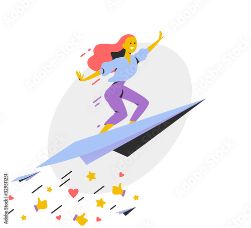 Personal brand design concept with business woman flying upwards on paper plane, positive feedback like and thumb up icons. For webpage template, mobile app, ui. Vector flat illustration.