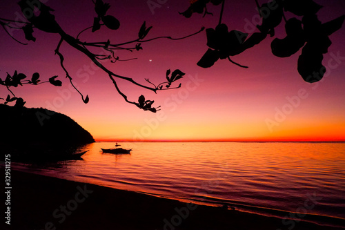 Branch, boat and ocean. Sunset, Coron island, Philippines.