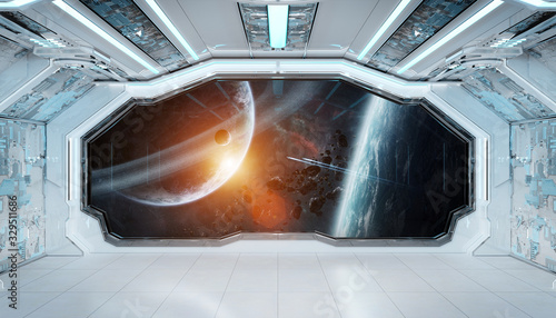 Fototapeta Naklejka Na Ścianę i Meble -  White blue spaceship futuristic interior with window view on space and planets 3d rendering