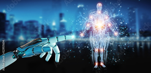 Robot hand using digital x-ray human body holographic scan projection 3D rendering