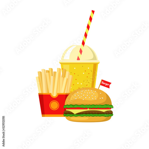 Fast food in flat style. Hamburger, fries and juice with a straw.