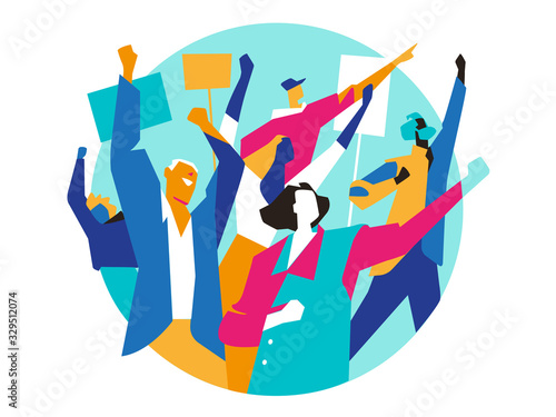 Gruppo di persone, attivisti marciano in protesta con manifesti. Manifestazione per i diritti civili. Festa internazionale del lavoratore. Primo maggio. 