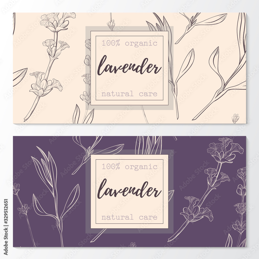 Vector set of lavender natural cosmetic horizontal banners on a seamless pattern.