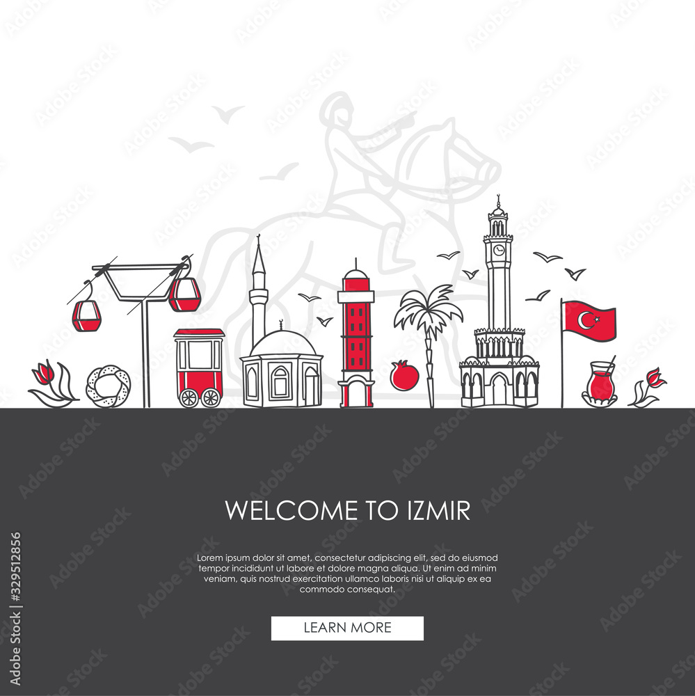 Welcome to Izmir. Modern vector illustration of famous symbols of the Turkish city. Mosque, cable cars, national flag. Travel to Turkey web banner and landing page design.