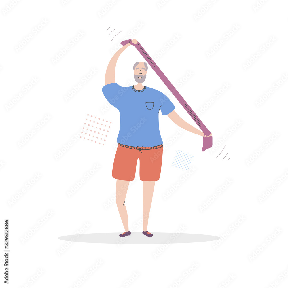 Flat vector illustration Senior Fitness. Smiling grandfather exercising with a resistance band. Active lifestyle for elder people. Home and gym workout for adult men. Flat vector illustration Senior Fitness. Smiling grandfather exercising with a resistance band. Active lifestyle for elder people. Home and gym workout for adult men.