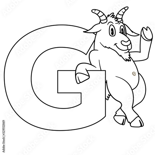 animal alphabet. capital letter G, goat. Raster illustration. For pre school education, kindergarten and foreign language learning for kids and children. Coloring page and books, zoo topic.