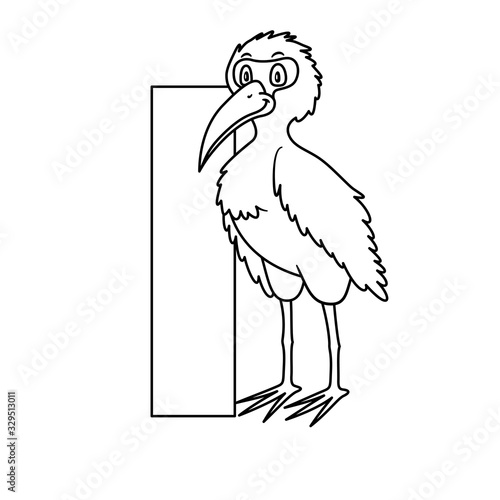 animal alphabet. capital letter I, ibis. Raster illustration. For pre school education, kindergarten and foreign language learning for kids and children. Coloring page and books, zoo topic.