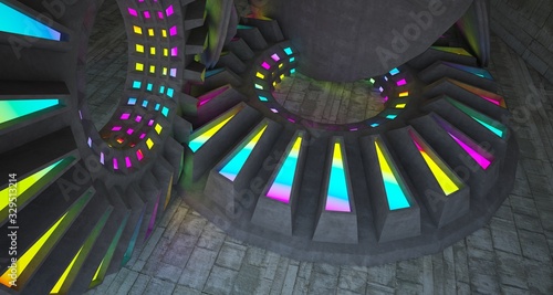 Architectural background. Abstract concrete interior with discs.Colored gradient neon lighting. 3D illustration and rendering.