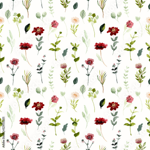 red green wild floral watercolor seamless pattern
