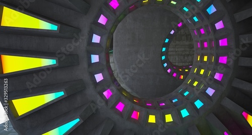 Architectural background. Abstract concrete interior with discs.Colored gradient neon lighting. 3D illustration and rendering.