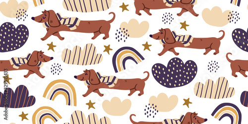 Vector seamless pattern with cute dachshund dogs
