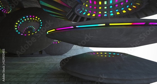 Architectural background. Abstract concrete interior with discs.Colored gradient neon lighting. 3D illustration and rendering.