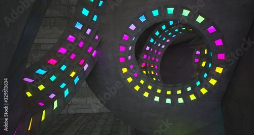 Architectural background. Abstract concrete interior with discs.Colored gradient neon lighting. 3D illustration and rendering.