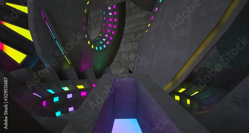 Architectural background. Abstract concrete interior with discs.Colored gradient neon lighting. 3D illustration and rendering.