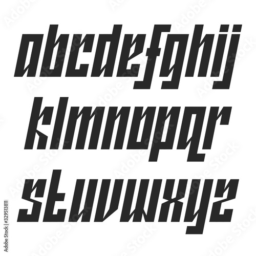 Modern lowercase italic font with movement typography design element, narrow dynamic alphabet with a tilt angle, black bold set letters type.