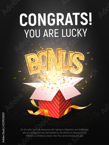 Bonus word flying from red gift box on dark background. Winning prize vector poster
