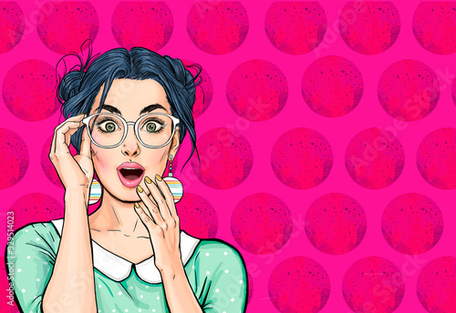Surprised Woman in glasses. Advertising poster or party invitation with sexy club girl with open mouth in comic style. Expressive facial expressions