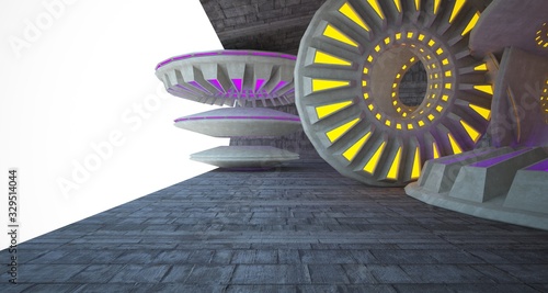 Architectural background. Abstract concrete interior with discs.Colored gradient neon lighting. 3D illustration and rendering.
