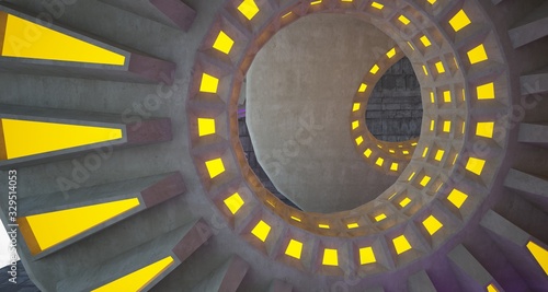 Architectural background. Abstract concrete interior with discs.Colored gradient neon lighting. 3D illustration and rendering.