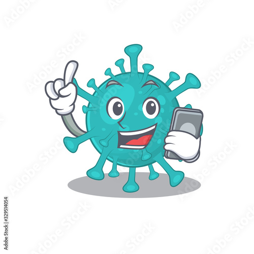 Mascot design of corona zygote virus speaking on phone