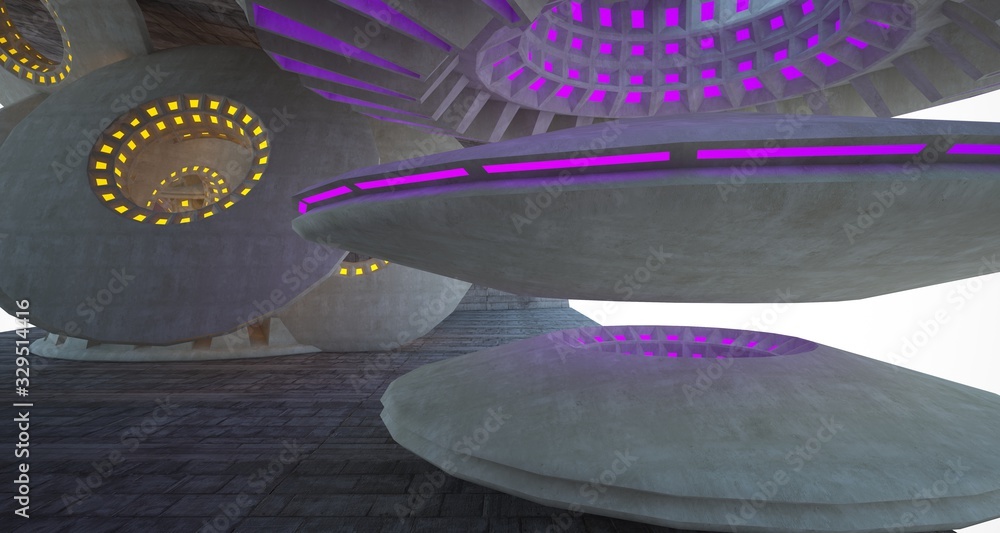 Fototapeta premium Architectural background. Abstract concrete interior with discs.Colored gradient neon lighting. 3D illustration and rendering.