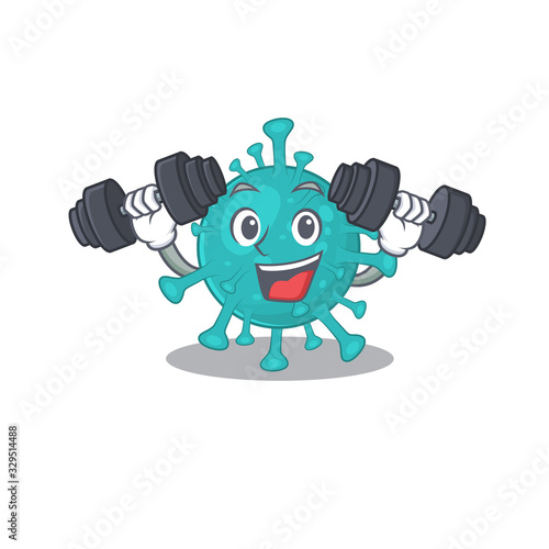 Smiley Fitness exercise corona zygote virus cartoon character raising barbells